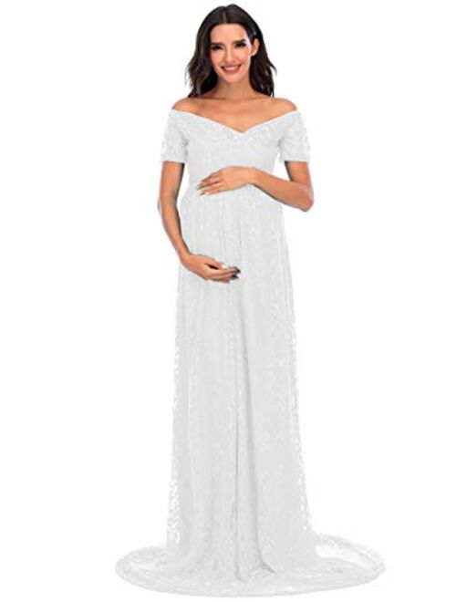 ZIUMUDY Off Shoulder Lace Floral Maternity Gown for Photography Maxi Short Sleeve Baby Shower Bridesmaid Dress