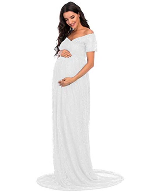 ZIUMUDY Off Shoulder Lace Floral Maternity Gown for Photography Maxi Short Sleeve Baby Shower Bridesmaid Dress