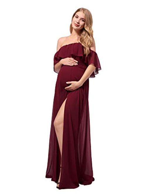 Ever-Pretty Womens Ruffle Off-Shoulder Side Slit Long Chiffon Pregnancy Party Dress Maternity Photography Dresses 0968-YF 