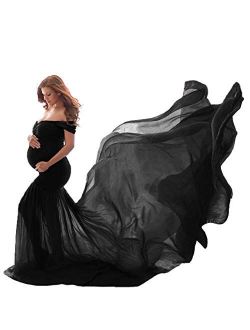 COSYOU Maternity Dress Photo Dress Off Shoulder Cotton Tops with Long Chiffon Flowy Train Maxi Dress for Maternity Shoot