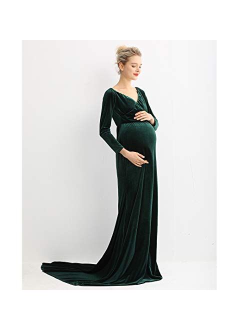 COSYOU Maternity Velvet Dress Long Sleeve Off Shoulders Gown for Baby Shower Maternity Photo Dress Maxi Party Dress