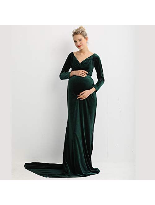 COSYOU Maternity Velvet Dress Long Sleeve Off Shoulders Gown for Baby Shower Maternity Photo Dress Maxi Party Dress
