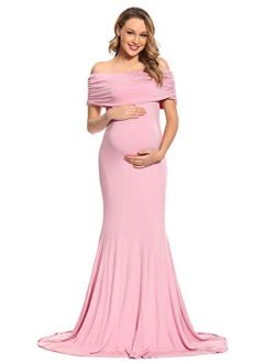MYZEROING Maternity Fitted Dress Cowl Neck/Over The Shoulder Maxi Gown for Baby Shower, Photo Shoot