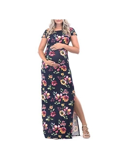 Short Sleeve Bodycon Maternity Dress with Ruched Side Slits for Baby Shower or Casual Wear