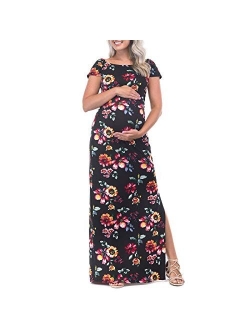 Short Sleeve Bodycon Maternity Dress with Ruched Side Slits for Baby Shower or Casual Wear