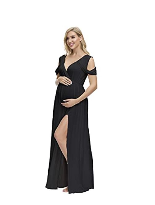 JustVH Maternity Off Shoulder V Neck Drop Sleeves Maxi Photography Dress Side Split Gown for Photoshoot Baby Shower
