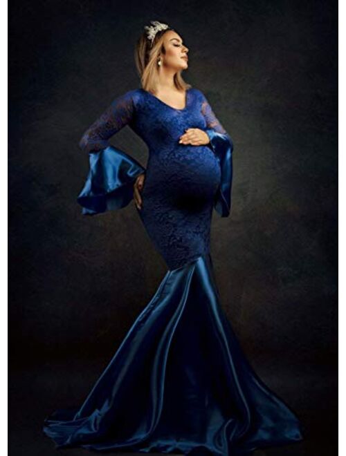 ZIUMUDY Maternity Lace Fitted Gown Long Sleeve Maxi Mermaid Photography Dress Baby Shower Photo Shoot