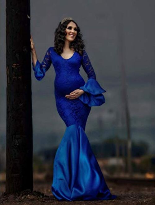 ZIUMUDY Maternity Lace Fitted Gown Long Sleeve Maxi Mermaid Photography Dress Baby Shower Photo Shoot