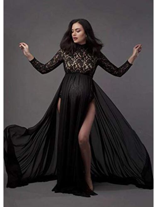 ZIUMUDY Long Sleeve Lace See-Through Maternity Gown for Photography with Maxi Chiffon Skirt Photo Shoot Dress