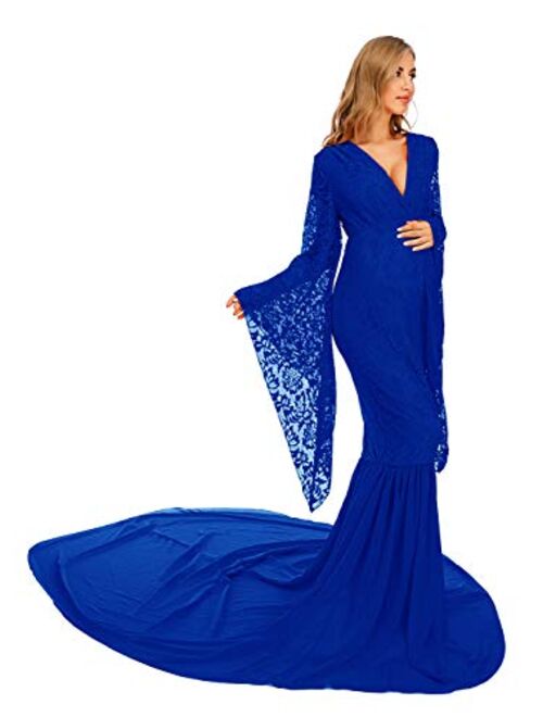 ZIUMUDY Deep V Neck Lace Maternity Gown for Photography Photo Shoot Flared Sleeve with Long Chiffon Train