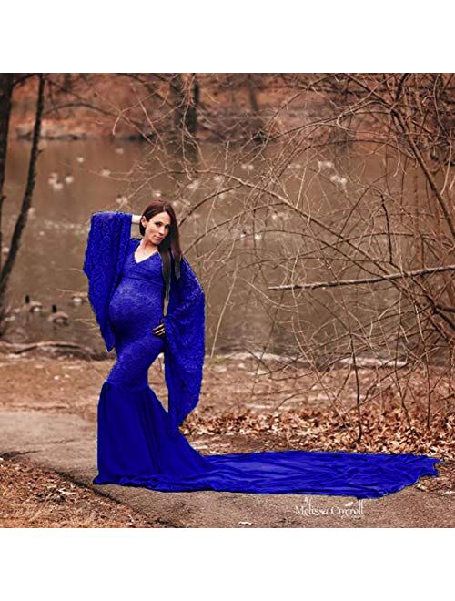 ZIUMUDY Deep V Neck Lace Maternity Gown for Photography Photo Shoot Flared Sleeve with Long Chiffon Train