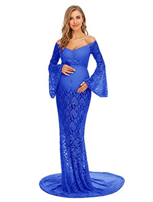 ZIUMUDY Flared Sleeve Lace Maternity Maxi Dress for Photo Shoot Off Shoulder See-Through Sexy Maternity Gown