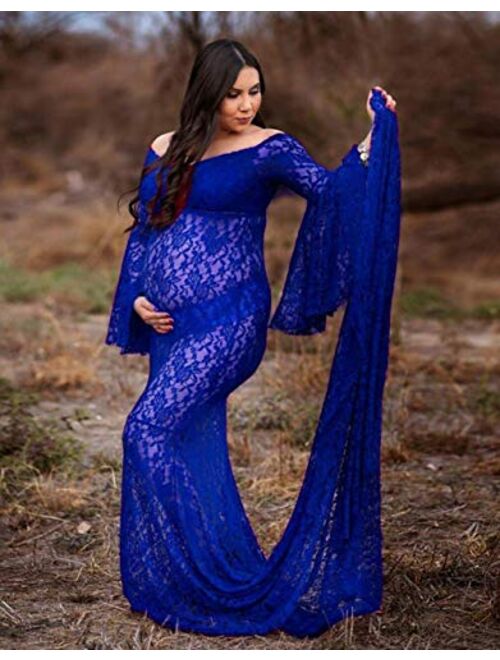 ZIUMUDY Flared Sleeve Lace Maternity Maxi Dress for Photo Shoot Off Shoulder See-Through Sexy Maternity Gown