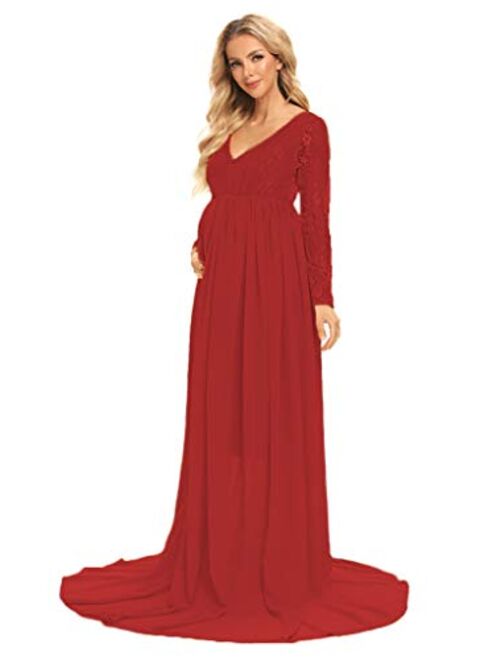 MYZEROING Maternity Lace Top Chiffon Gown Long Sleeve Maxi Photography Dress for Wedding Photo Shoot
