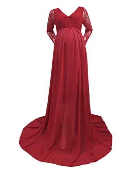MYZEROING Maternity Lace Top Chiffon Gown Long Sleeve Maxi Photography Dress for Wedding Photo Shoot