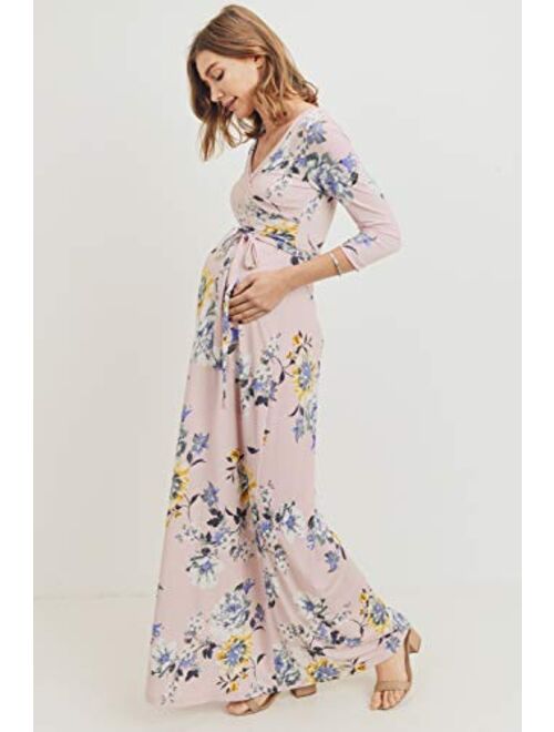 HELLO MIZ Women's Faux Wrap Maxi Maternity Dress with Belt - Made in USA
