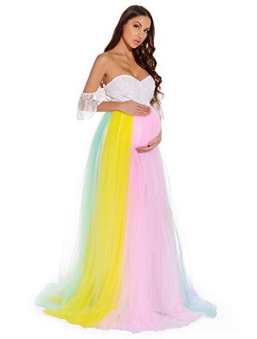 ZIUMUDY Rainbow Maternity Tulle Gown for Photo Shoot Maternity Tutu Dress Baby Shower Dress Wedding Bridesmaid Dress