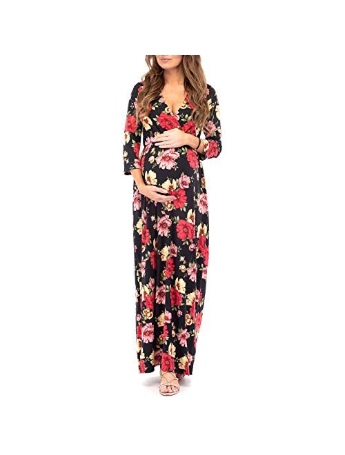 Mother Bee Maternity 3/4 Sleeve Ruched Maternity Dress W/Empire Waist for Baby Showers or Casual Wear