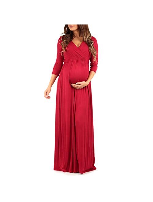 Mother Bee Maternity 3/4 Sleeve Ruched Maternity Dress W/Empire Waist for Baby Showers or Casual Wear