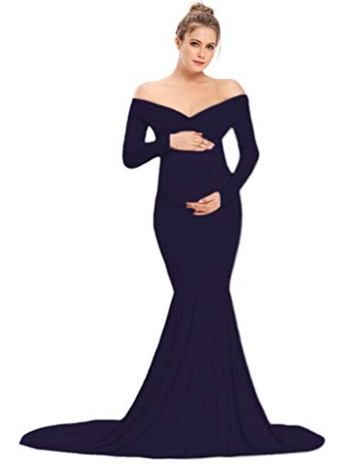 MYZEROING Long Sleeve Maternity Dress Off Shoulder Fitted Mermaid for Photo Prop Baby Shower