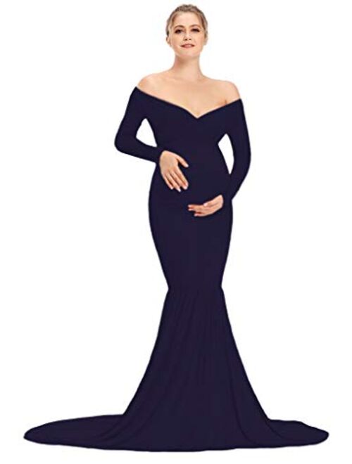 MYZEROING Long Sleeve Maternity Dress Off Shoulder Fitted Mermaid for Photo Prop Baby Shower
