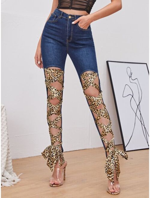 Shein High Waisted Leopard Lace Up Front Skinny Jeans