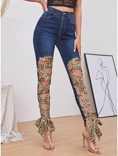 Shein High Waisted Leopard Lace Up Front Skinny Jeans