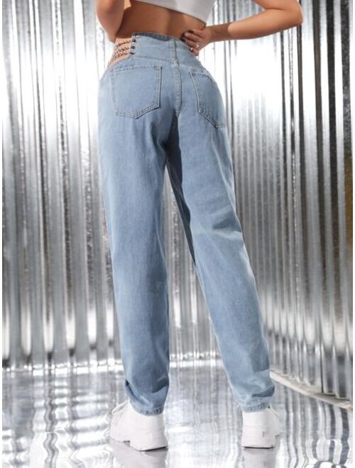Shein Chain Detail Light Wash Straight Leg Jeans