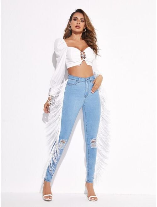 Shein Contrast Fringe Detail Ripped Jeans