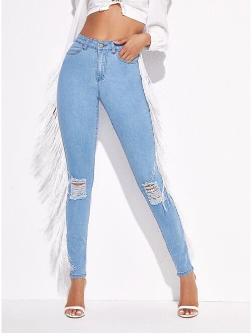 Shein Contrast Fringe Detail Ripped Jeans