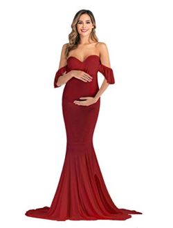 JustVH Maternity Off Shoulder Ruffle Sleeves Elegant Fitted Gown Maxi Photography Dress for Photo Shoot Baby Shower