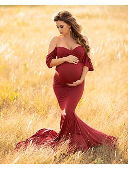 JustVH Maternity Off Shoulder Ruffle Sleeves Elegant Fitted Gown Maxi Photography Dress for Photo Shoot Baby Shower