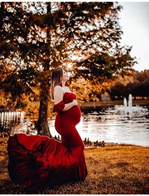 JustVH Maternity Off Shoulder Ruffle Sleeves Elegant Fitted Gown Maxi Photography Dress for Photo Shoot Baby Shower