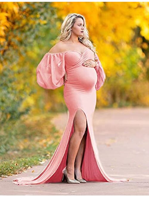ChoiyuBella Off Shoulder Chiffon Bishop Sleeves Maxi Maternity Dress for Photoshoot Fitted Mermaid Gown