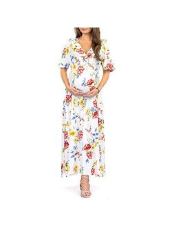 Women's Ruffle Neckline Maternity Dress with Adjustable Belt