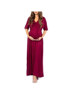 Women's Ruffle Neckline Maternity Dress with Adjustable Belt