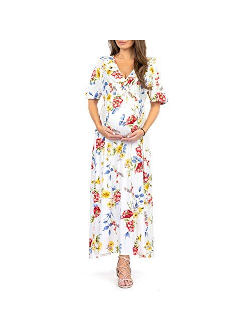 Mother Bee Maternity Women's Ruffle Neckline Maternity Dress with Adjustable Belt