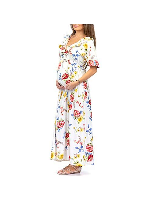 Mother Bee Maternity Women's Ruffle Neckline Maternity Dress with Adjustable Belt