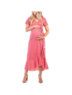 Women's Maternity Faux Wrap Butterfly Sleeve Dress with Ruffles