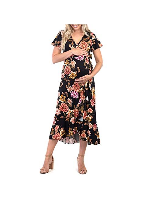 Mother Bee Maternity Women's Maternity Faux Wrap Butterfly Sleeve Dress with Ruffles