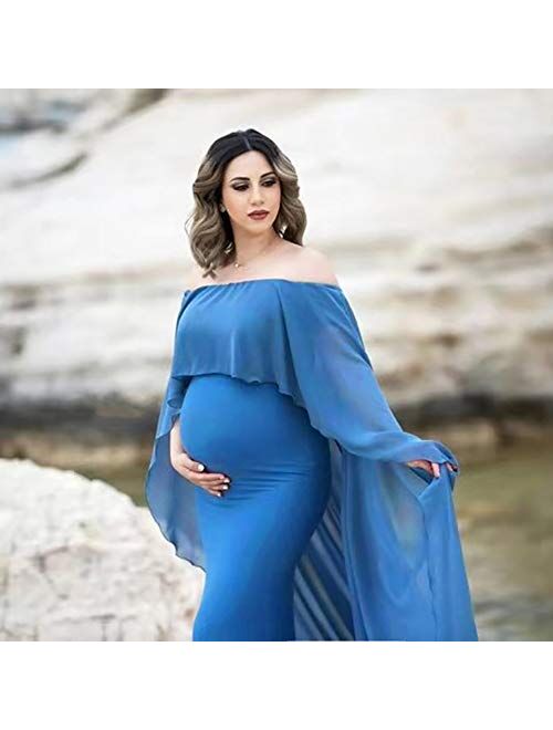 OLEMEK  Women Off Shoulder Maternity Photography Dress Fake Two-Piece Tulle Cloak Chiffon Gown Maxi Baby Shower Dress for Photo Shoot