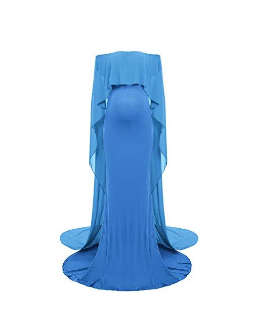 OLEMEK  Women Off Shoulder Maternity Photography Dress Fake Two-Piece Tulle Cloak Chiffon Gown Maxi Baby Shower Dress for Photo Shoot