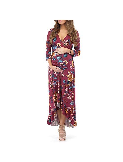 Mother Bee Maternity Women's 3/4 Sleeve Faux Wrap Maternity Dress