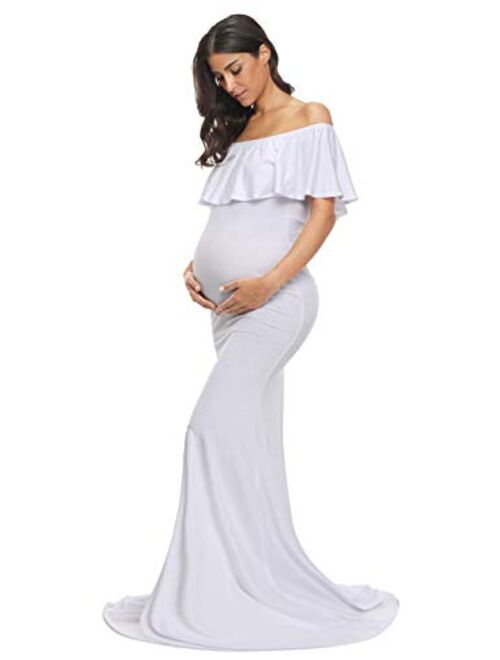 Glampunch Womens Off Shoulder Maternity Dress Ruffles Elegant Slim Gowns Fit Maxi Photography Dress