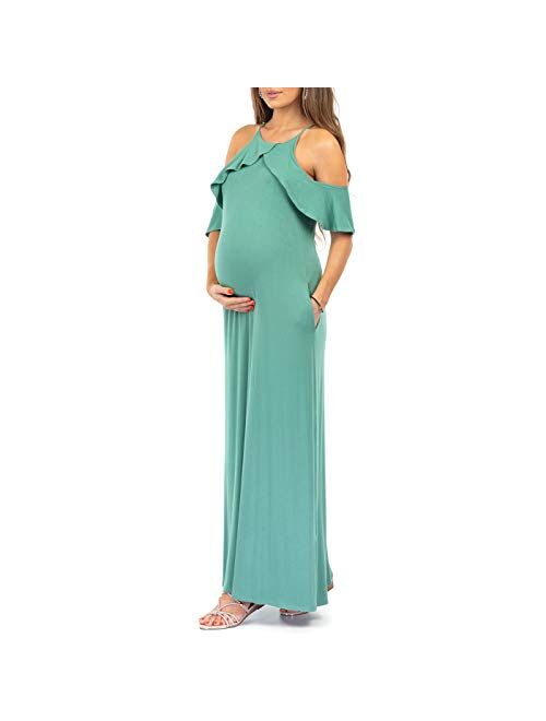 Mother Bee Maternity Off Shoulder Ruffle Maxi Dress with Pockets