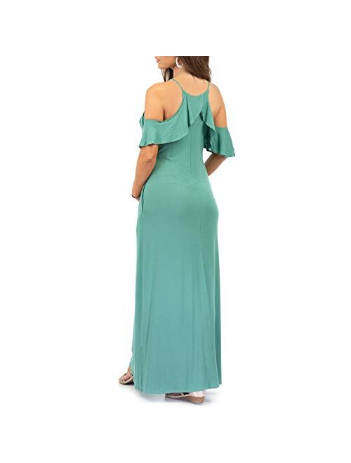 Mother Bee Maternity Off Shoulder Ruffle Maxi Dress with Pockets