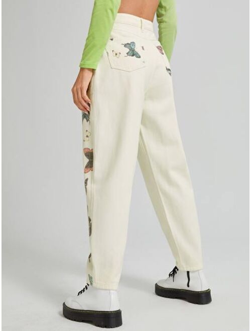 Shein High Waisted Butterfly Carrot Jeans Without Belt