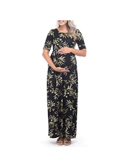Women's Short Sleeve Ruched Maternity Dress With Pockets