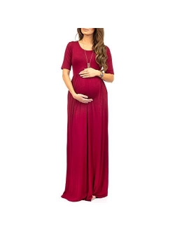 Women's Short Sleeve Ruched Maternity Dress With Pockets