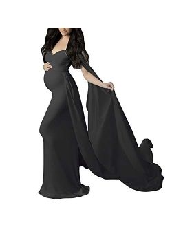 OLEMEK Women's Off Shoulder Elegant Fitted Maternity Gown Chiffon Flare Cape Sleeve Slim Fit Maxi Photography Dress for Baby Shower